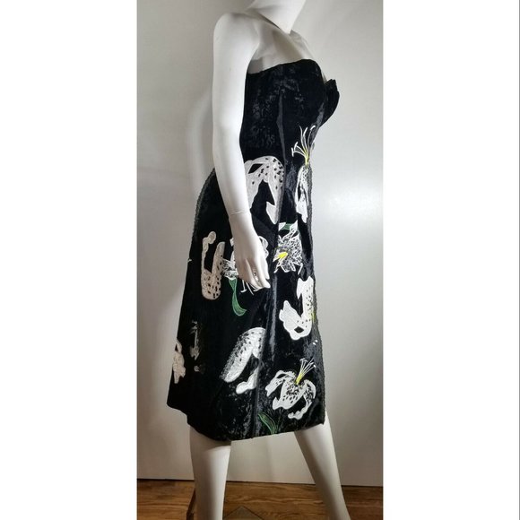 Erdem Rebecca' Women's Black Embroidered Velvet Strapless Dress, US 4, UK 8 - Picture 3 of 8